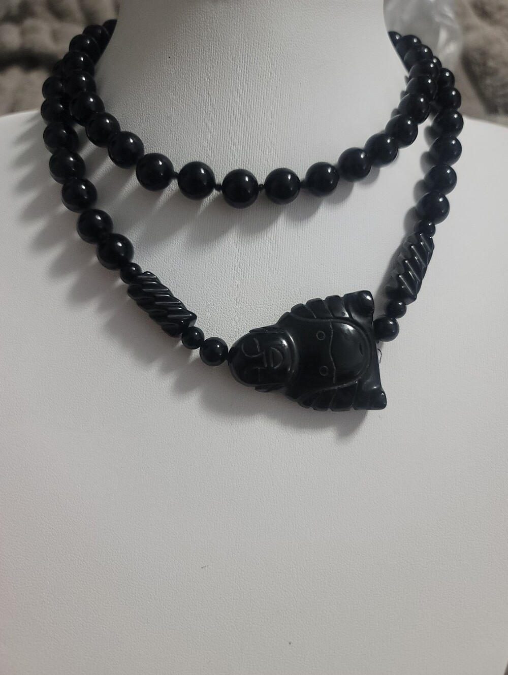 Vintage Hand Carved Black Onyx Buddha Beaded Necklace – Protection Amulet